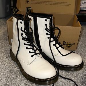 Dr. Martens White Leather Lace-Up Combat Boots with Black Trim